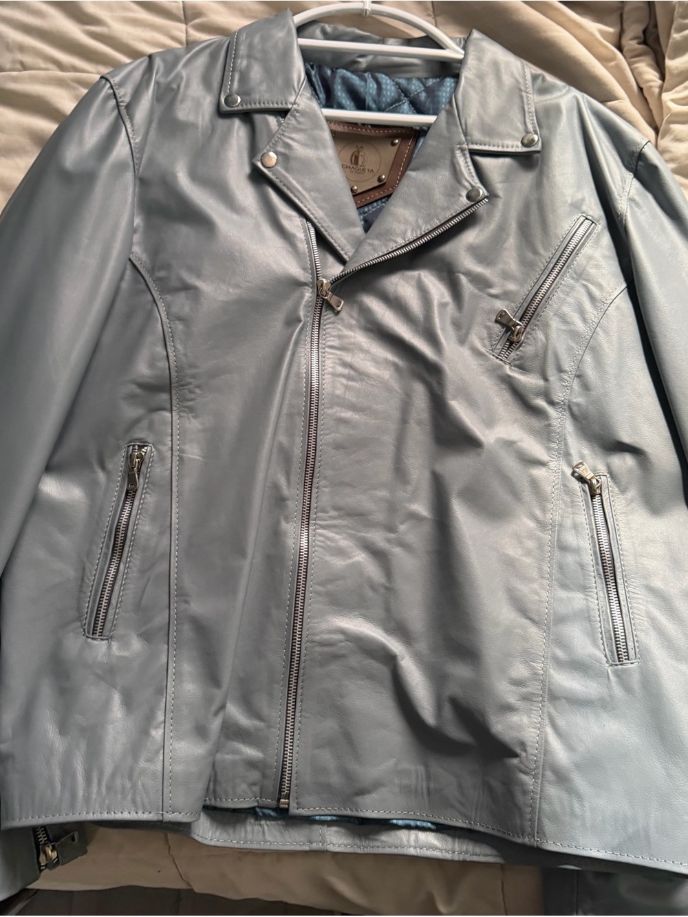 Men’s Light Blue Leather Moto Jacket - Quilted Lining